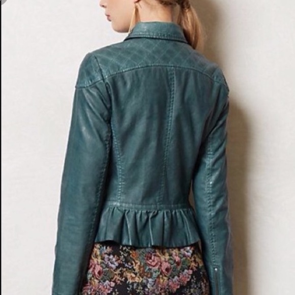 Anthropologie Fayette Vegan Leather Jacket Teal Boho Peplum Women’s Size 12 - Picture 7 of 15